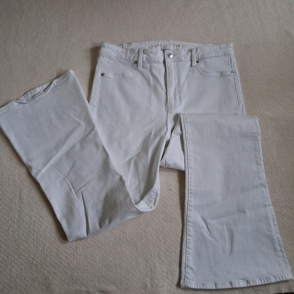 aeo stretch super hi-rise flare white jeans womens 16